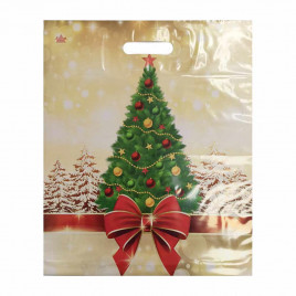 Пакет с вырубной ручкой Ель в гирлянде с бантом 38*47см 60 мкм 50шт
