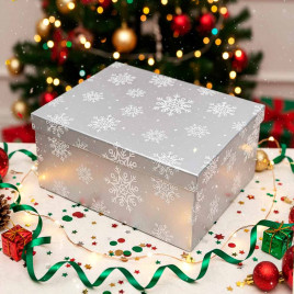 Коробка прямоугольная НГ Снежинка голография серая в 3-х размерах