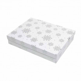 Коробка прямоугольная НГ плоская Серебряные снежинки в 7-ми размерах