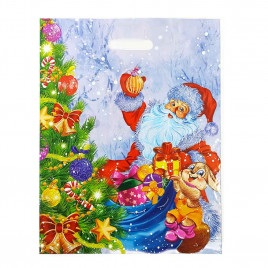 Пакет с вырубной ручкой Дед Мороз и заяц 38*47см 60 мкм 50шт